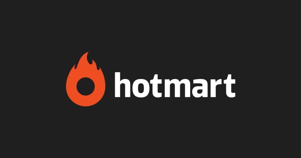 Logo da Hotmart: Chama laranja (fogo) ao lado do nome "hotmart" em branco sobre fundo preto.