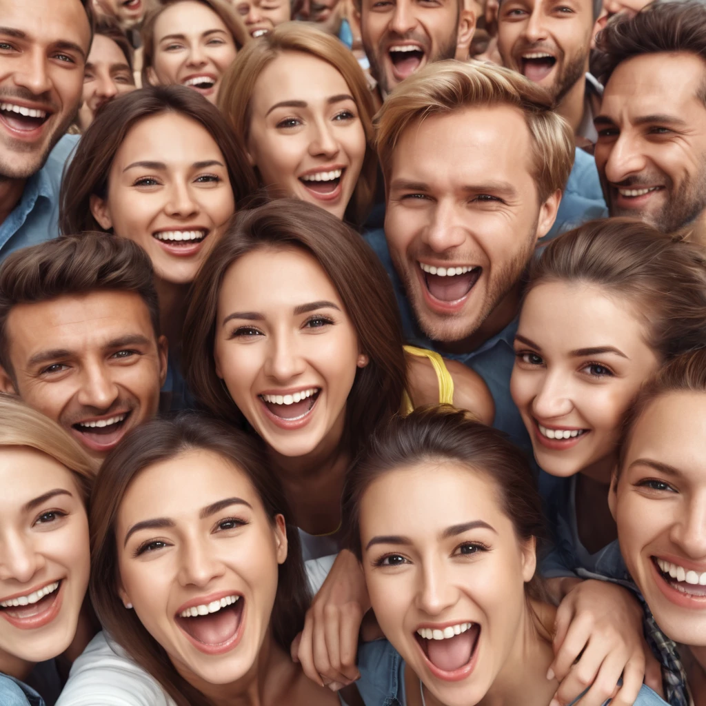 Grupo de pessoas felizes, sorrindo com entusiasmo e alegria, simbolizando energia positiva, união e esperança. Relacionado ao tema 'Superando a Depressão: Reprogramando seu Subconsciente