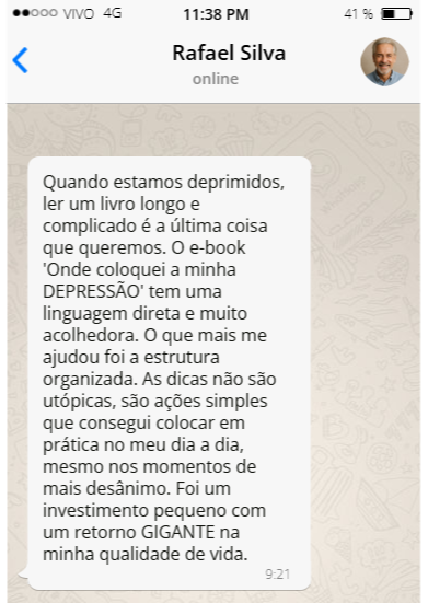 Depoimento de Rafael Silva sobre ebook de depressão com linguagem direta, acolhedora e dicas simples para o dia a dia