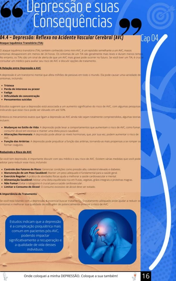 Diagrama cerebral com círculos representando sinapses e um texto detalhado sobre a depressão e suas consequências, incluindo a relação com o AVC e fatores de risco como estresse, tristeza e estilo de vida.