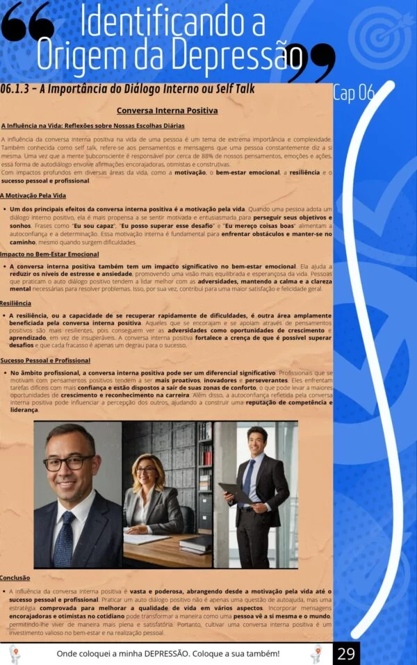 Três pessoas sorrindo em um ambiente profissional, representando o sucesso e a motivação alcançados através de um diálogo interno positivo, em contraste com um texto explicativo sobre o self-talk e a superação da depressão.