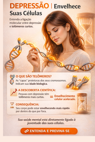 Infográfico explicando como a depressão acelera o envelhecimento celular através do encurtamento dos telômeros, com base em descobertas científicas.