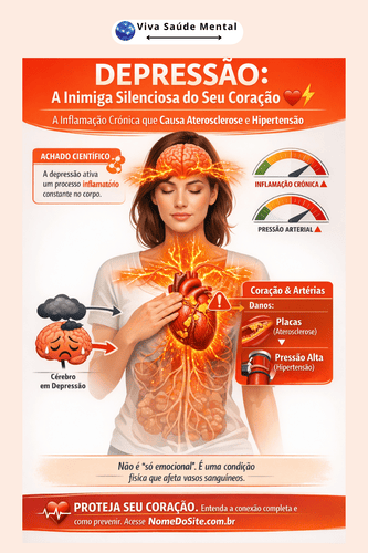 Infográfico sobre Depressão e Córtex Pré-Frontal mostrando uma mulher com a mão na testa e uma ilustração do cérebro iluminado. O texto destaca como o estresse crônico afeta a cognição e a importância de reconquistar a paz interior para blindar a mente.