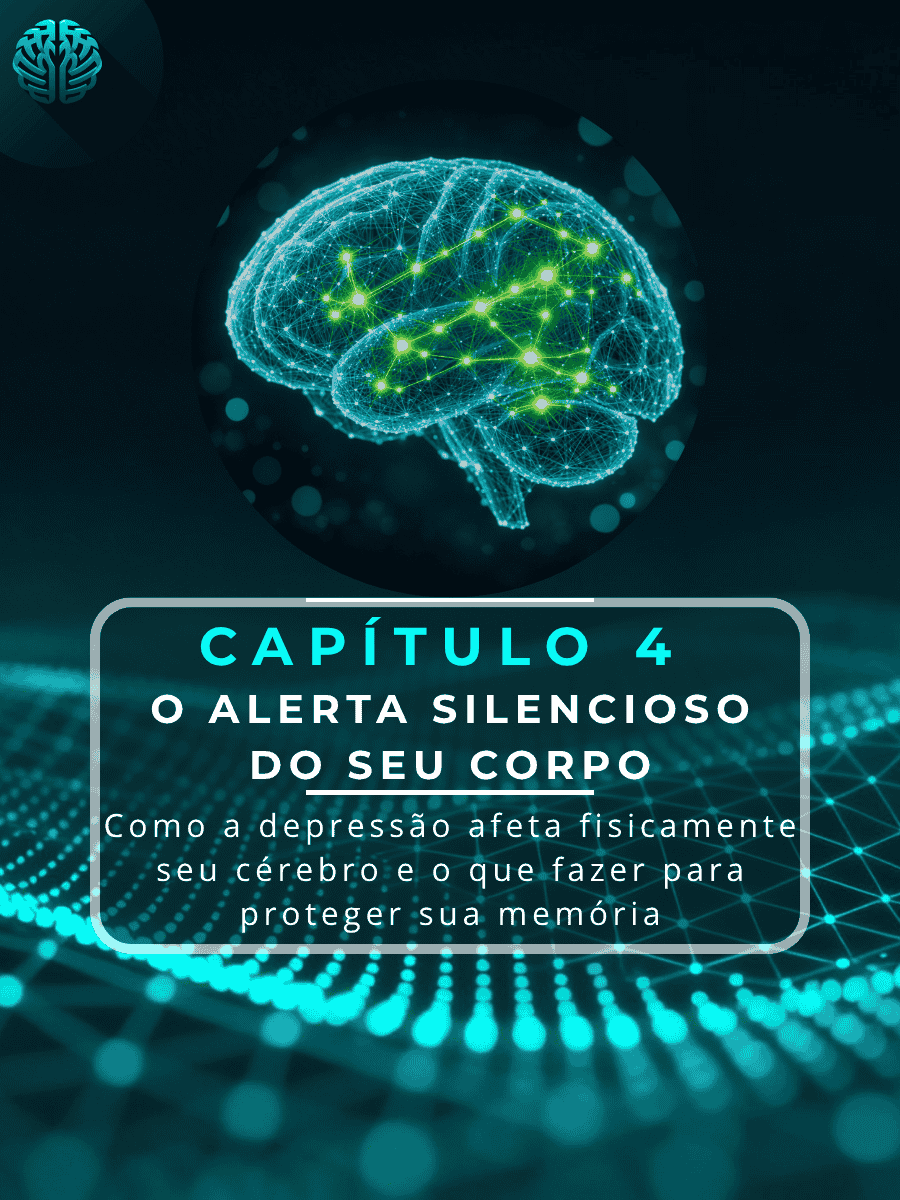 Ilustração digital de um cérebro humano em formato de rede neural com pontos de luz brilhantes em um fundo azul escuro tecnológico. No centro, um quadro destaca o texto: "Capítulo 4: O alerta silencioso do seu corpo - Como a depressão afeta fisicamente seu cérebro e o que fazer para proteger sua memória".