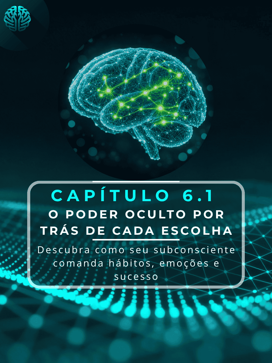 Ilustração digital de um cérebro humano em formato de rede neural com pontos de luz brilhantes em um fundo azul escuro tecnológico. No centro, um quadro destaca o texto: "Capítulo 6.1: O Poder Oculto por Trás de Cada Escolha - Descubra como seu subconsciente comanda hábitos, emoções e sucesso". No canto superior esquerdo, há um ícone de cérebro estilizado.
