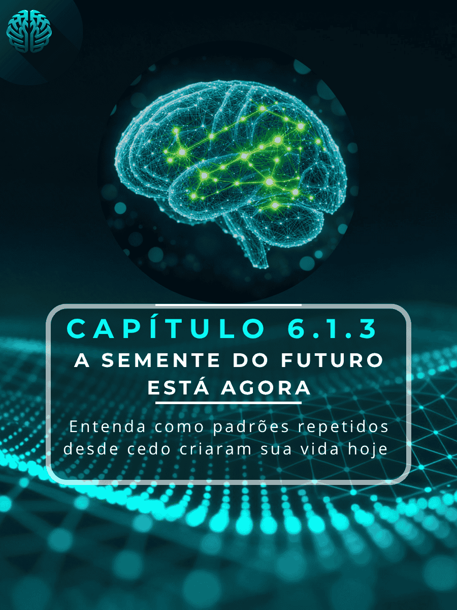 Ilustração digital de um cérebro humano com conexões neurais brilhantes em tons de azul e verde. No centro, uma moldura contém o texto: "Capítulo 6.1.3: A Semente do Futuro Está Agora - Entenda como padrões repetidos desde cedo criaram sua vida hoje". Há um ícone de cérebro no canto superior esquerdo.