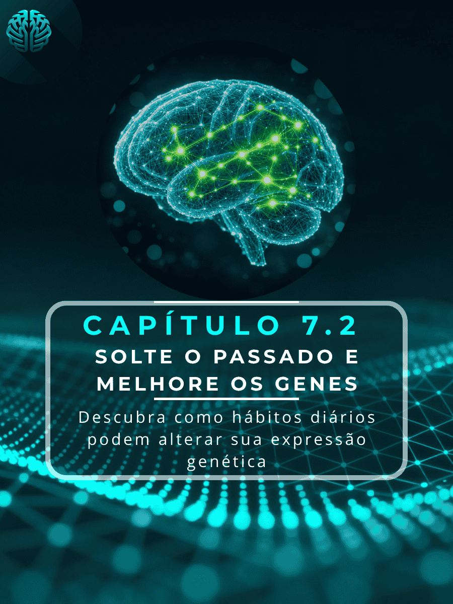 Ilustração digital de um cérebro humano com redes neurais brilhantes e pontos verdes acesos sobre um fundo azul-petróleo tecnológico. No centro, uma moldura contém o texto: "Capítulo 7.2: Solte o Passado e Melhore os Genes - Descubra como hábitos diários podem alterar sua expressão genética". Há um logótipo de cérebro estilizado no canto superior esquerdo.