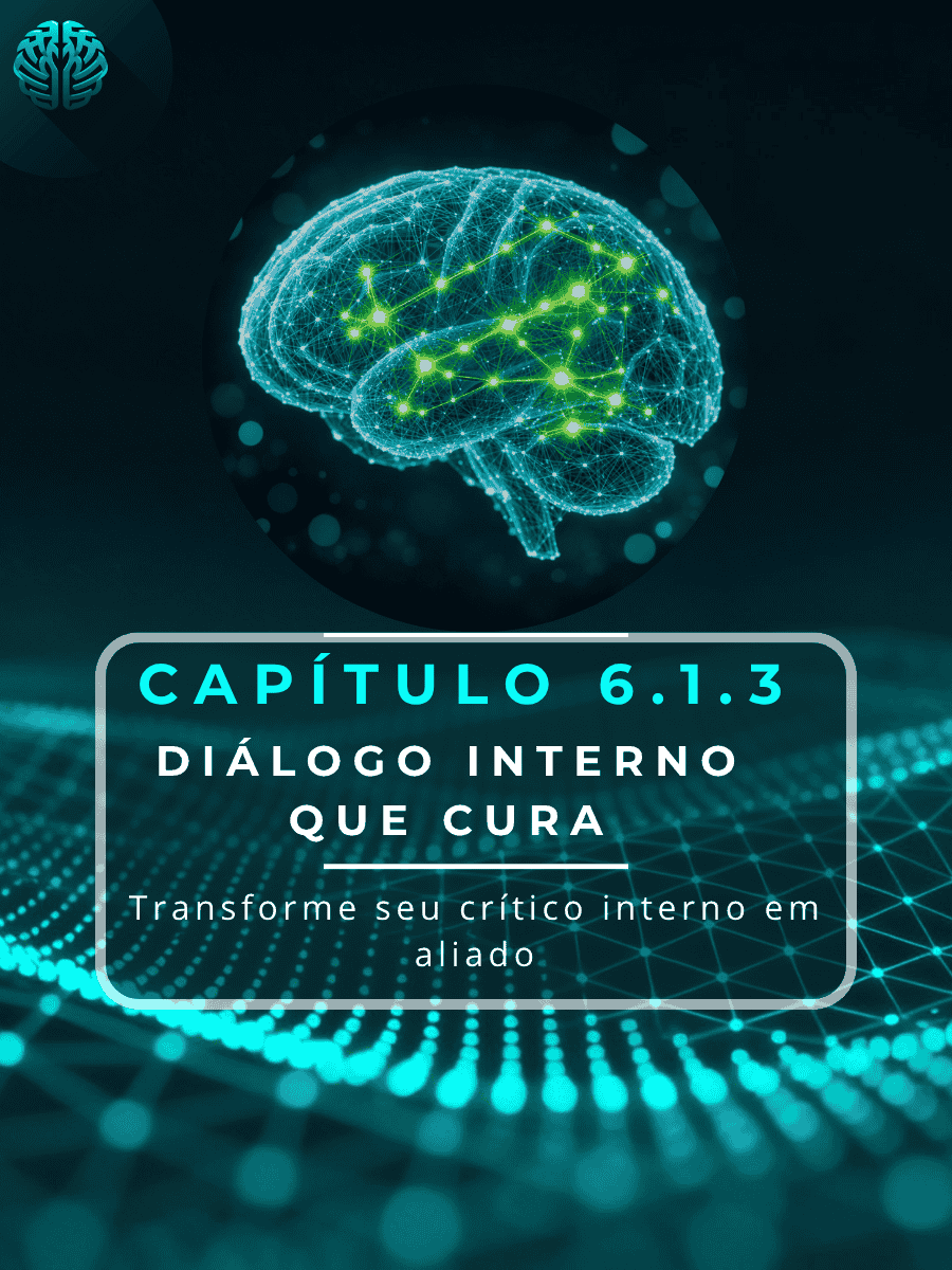 Ilustração digital de um cérebro humano com conexões neurais e sinapses brilhantes em azul e verde. No centro, uma moldura contém o texto: "Capítulo 6.1.3: Diálogo Interno que Cura - Transforme seu crítico interno em aliado". Um ícone de cérebro estilizado aparece no canto superior esquerdo.