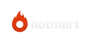 Logo da Hotmart: Chama laranja (fogo) ao lado do nome "hotmart" em branco sobre fundo preto.