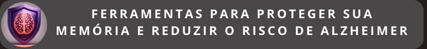 Banner horizontal cinza escuro com o texto em branco: "FERRAMENTAS PARA PROTEGER SUA MEMÓRIA E REDUZIR O RISCO DE ALZHEIMER". À esquerda, há um ícone circular contendo um escudo roxo com a ilustração de um cérebro dourado no centro. O banner possui cantos arredondados.