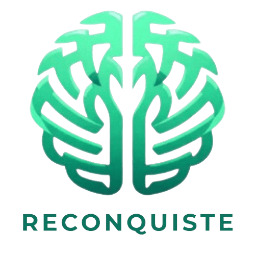 Logótipo estilizado da marca "RECONQUISTE". Na parte superior, há um ícone circular verde esmeralda com o desenho de um cérebro humano, formado por duas mãos interligadas. Abaixo do ícone, o nome "RECONQUISTE" está escrito em letras maiúsculas de cor verde escura. O fundo é branco e limpo.