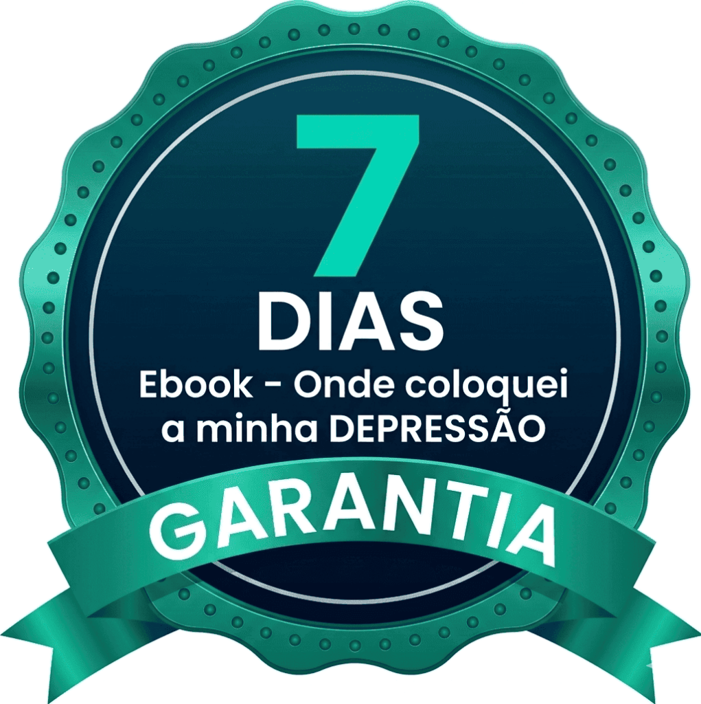 Selo circular de garantia de 7 dias para o Ebook "Onde coloquei a minha DEPRESSÃO". O selo tem bordas onduladas em verde esmeralda, fundo azul marinho e uma faixa verde na parte inferior com a palavra "GARANTIA" em letras brancas. No centro, destaca-se o número "7" em verde claro acima da palavra "DIAS".